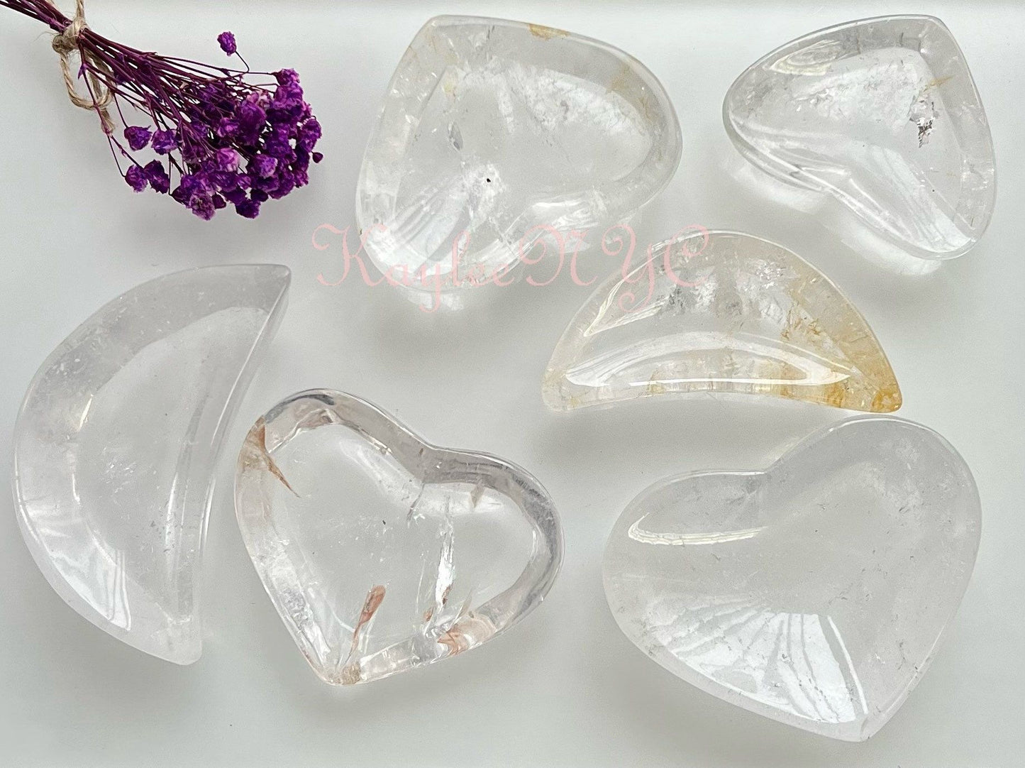 Wholesale Lot 6 pcs Natural Clear Quartz Hearts & Moon Bowls Crystal Healing Energy