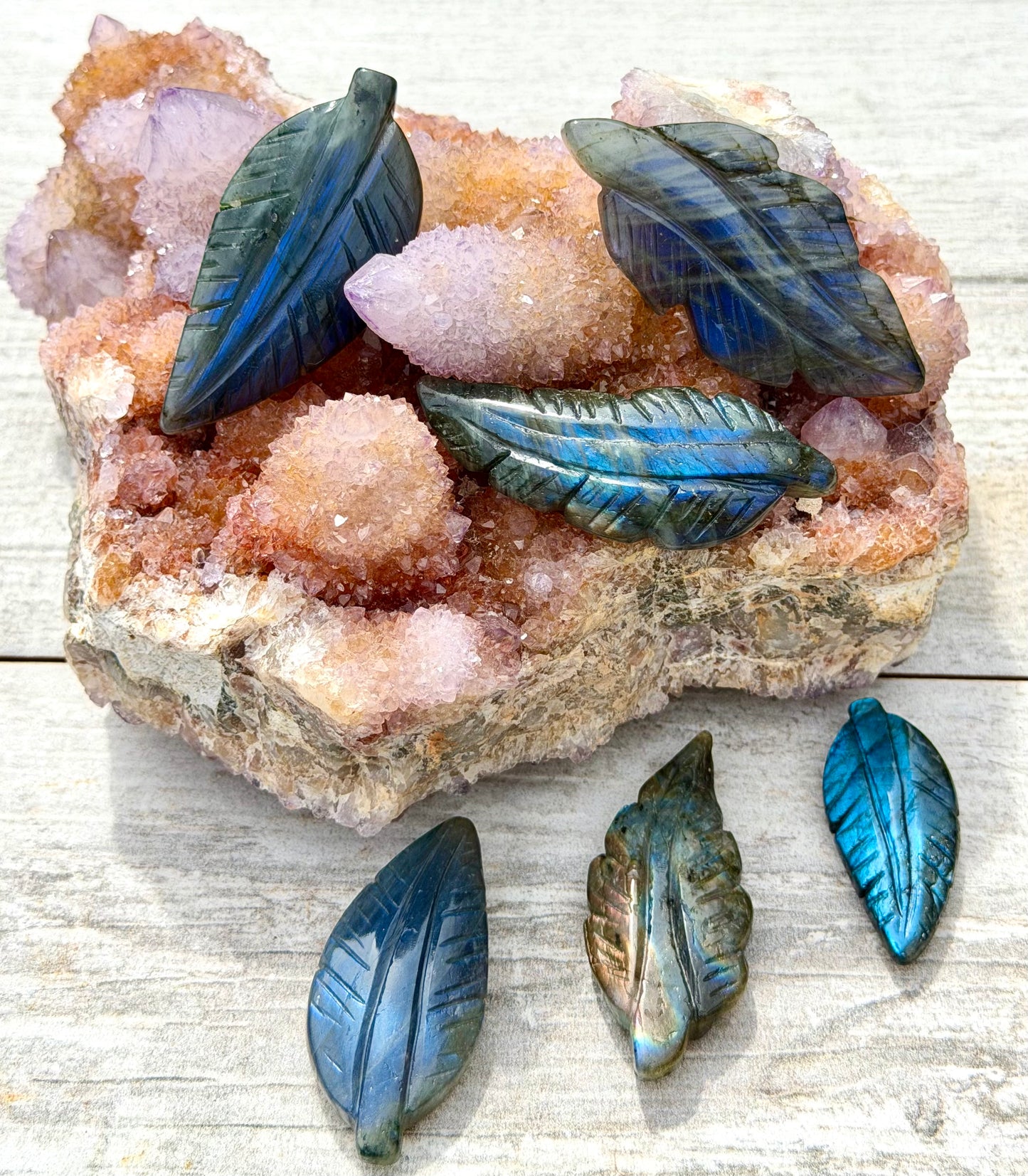 6 PCs Natural Labradorite Leaf Carvings Crystal Healing Energy