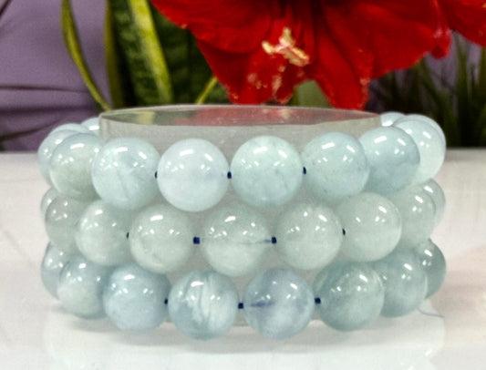 Wholesale 3 Pcs Natural Aquamarine 13-14mm 8”Crystal Healing Stretch Bracelet