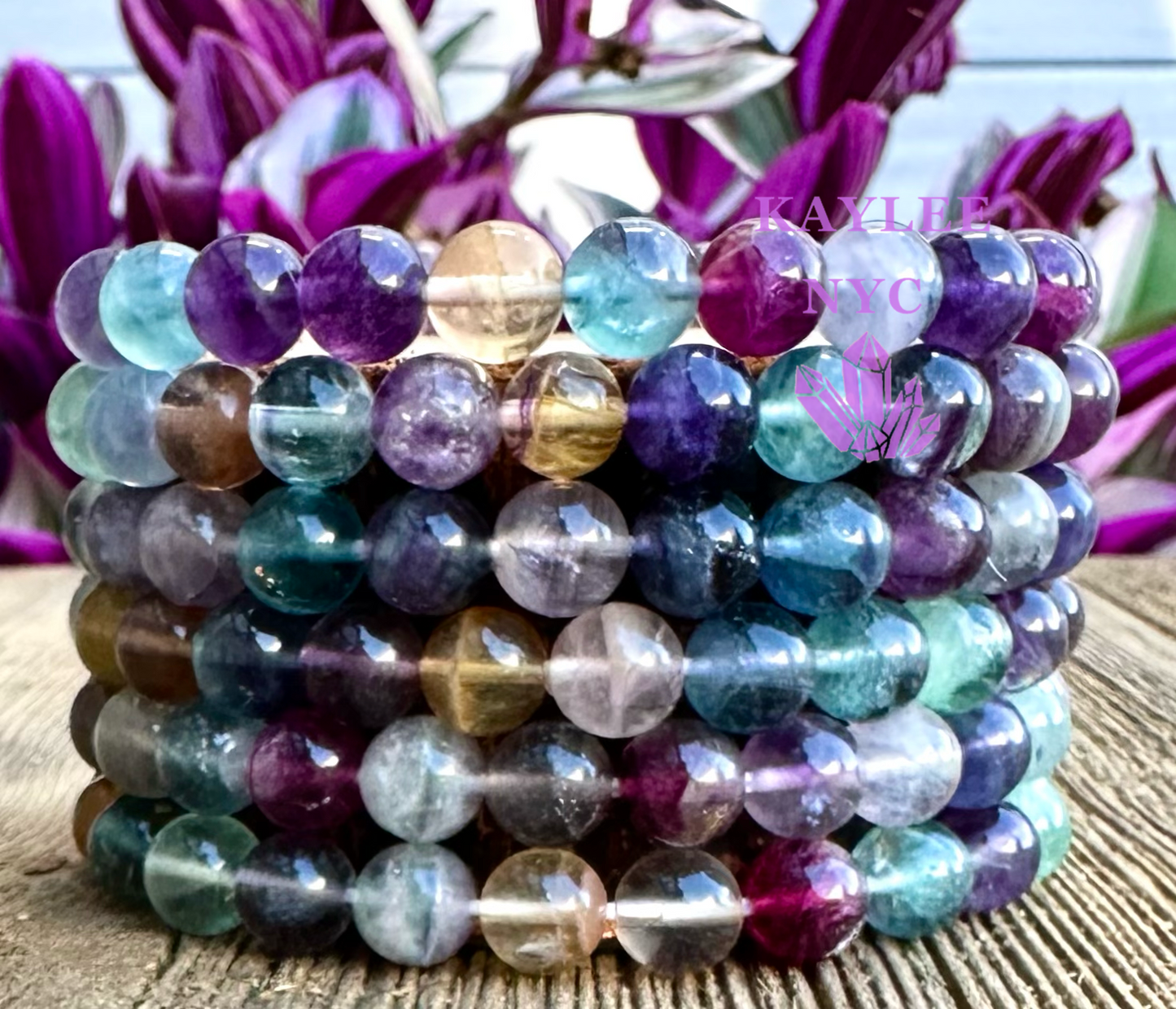 6 PCs 8mm Natural Rainbow Fluorite Stretch Bracelet 7.5”