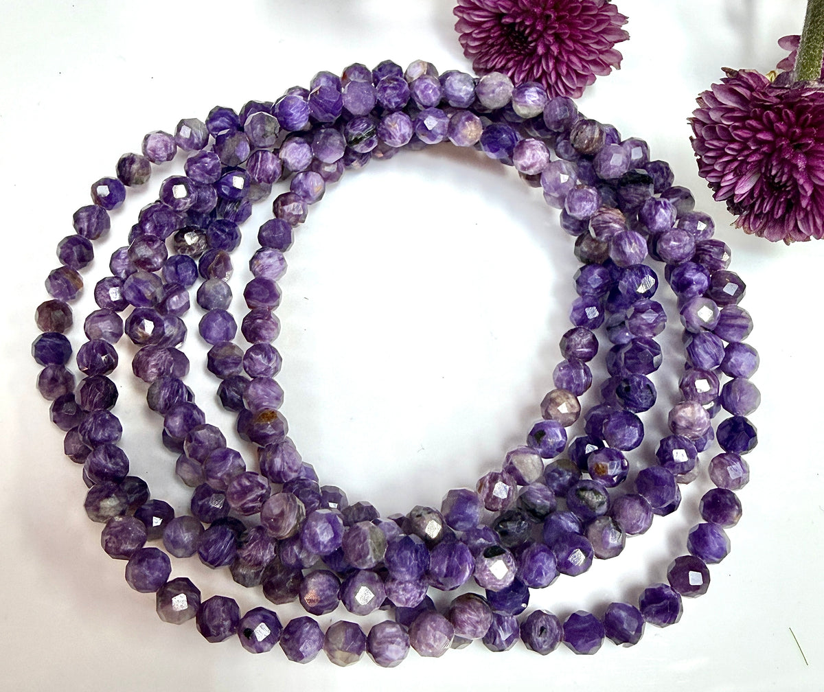 Wholesale 6 Pcs Natural Charoite Faceted Stretch Bracelets – 4mm 7.5”