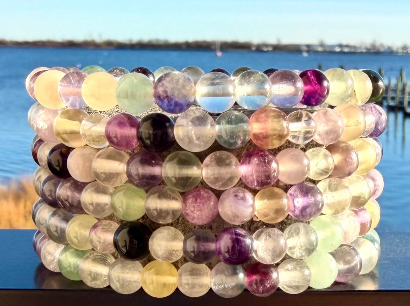 Wholesale 6 Pcs Natural Rainbow Fluorite 6mm 7.5” Crystal Healing Stretch Bracelet