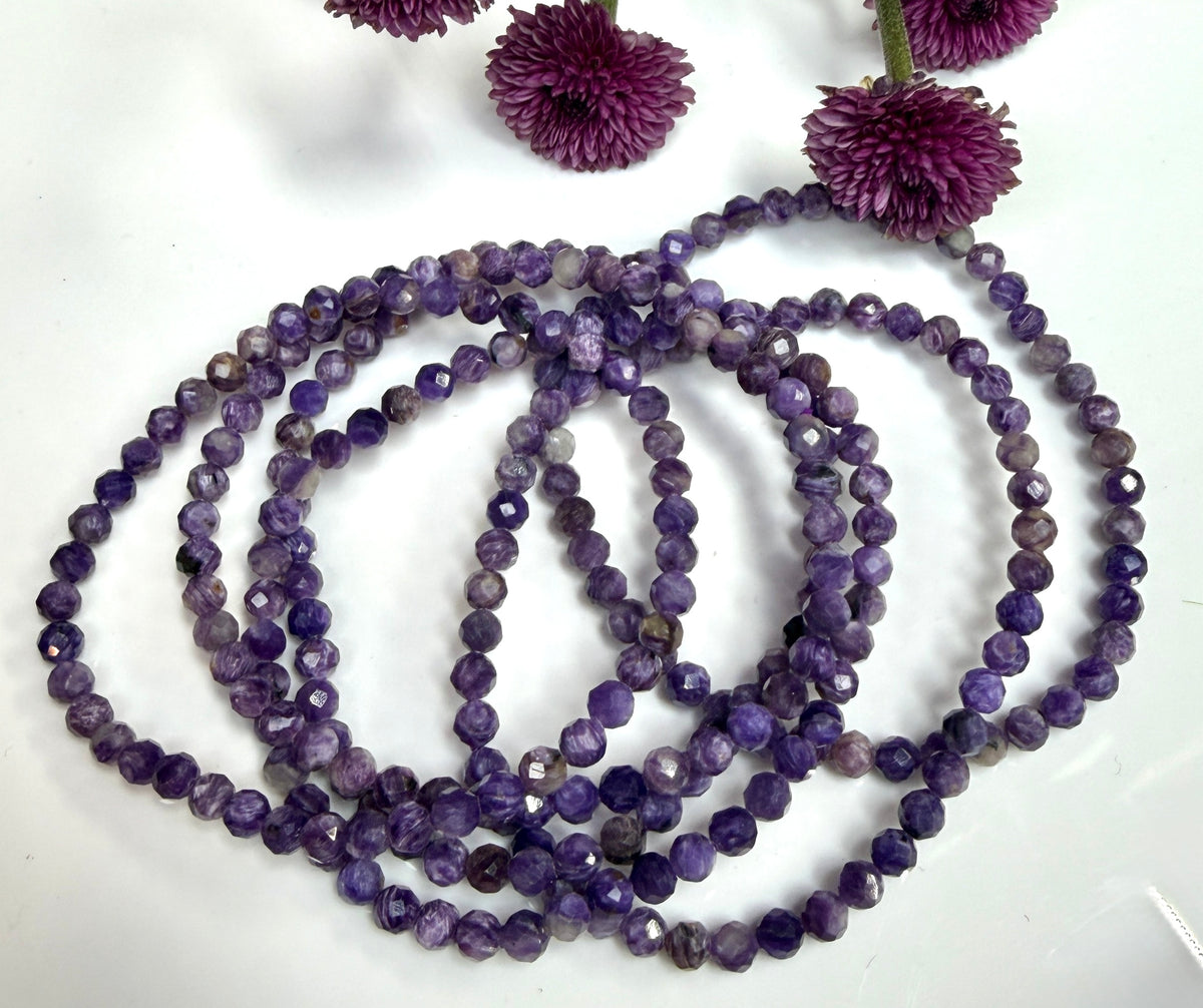 Wholesale 6 Pcs Natural Charoite Faceted Stretch Bracelets – 4mm 7.5”