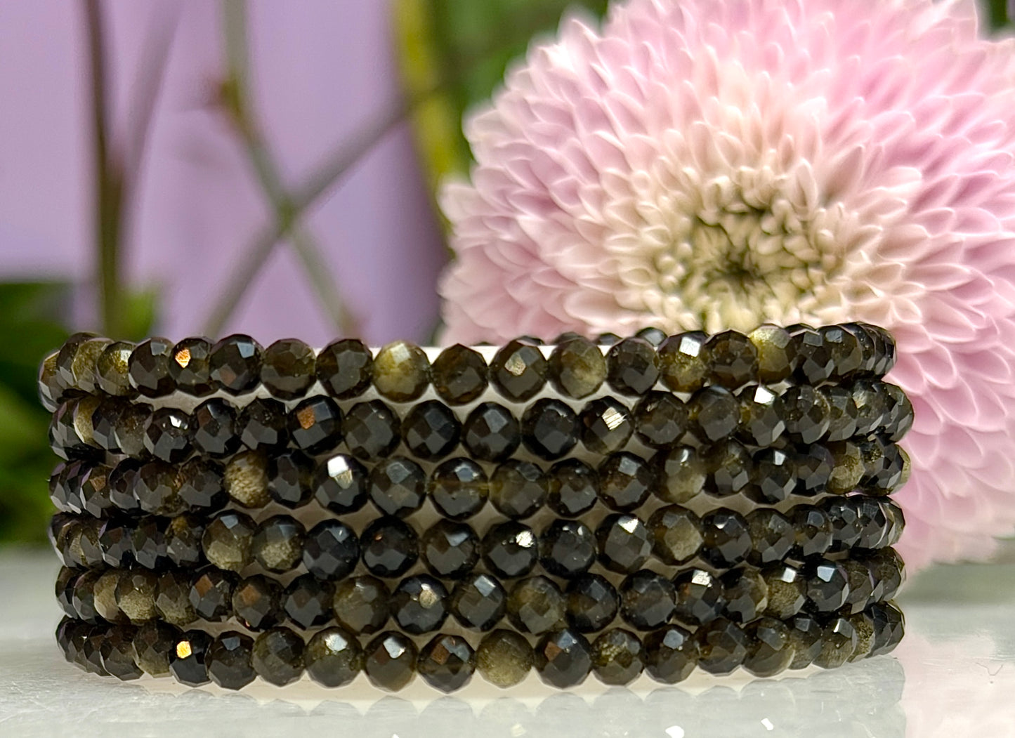 Wholesale Lot 6 Pcs Natural Faceted Gold Sheen Obsidian 4mm 7.5” Crystal Healing Stretch Bracelet
