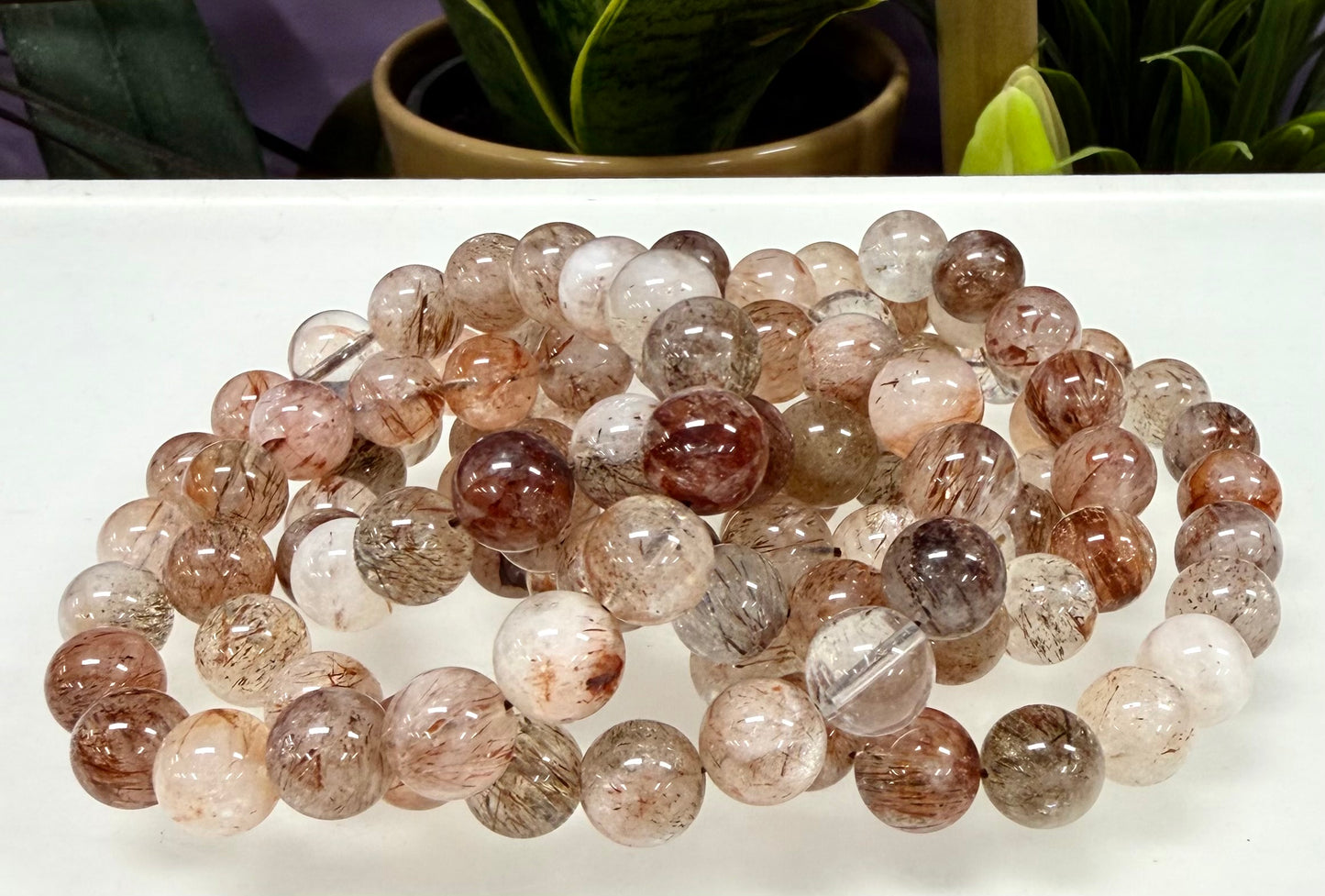6 PCs 10mm Natural Rutilated Quartz Crystal Stretch Bracelet 8”