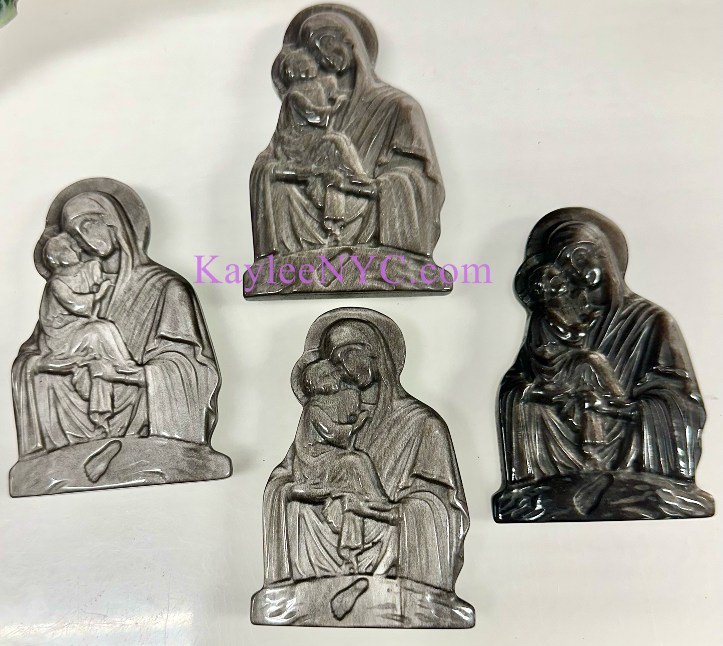 4 PCs 8 cm Natural Silver Sheen Obsidian Virgin Mary w Baby Jesus Crystals Healing Energy