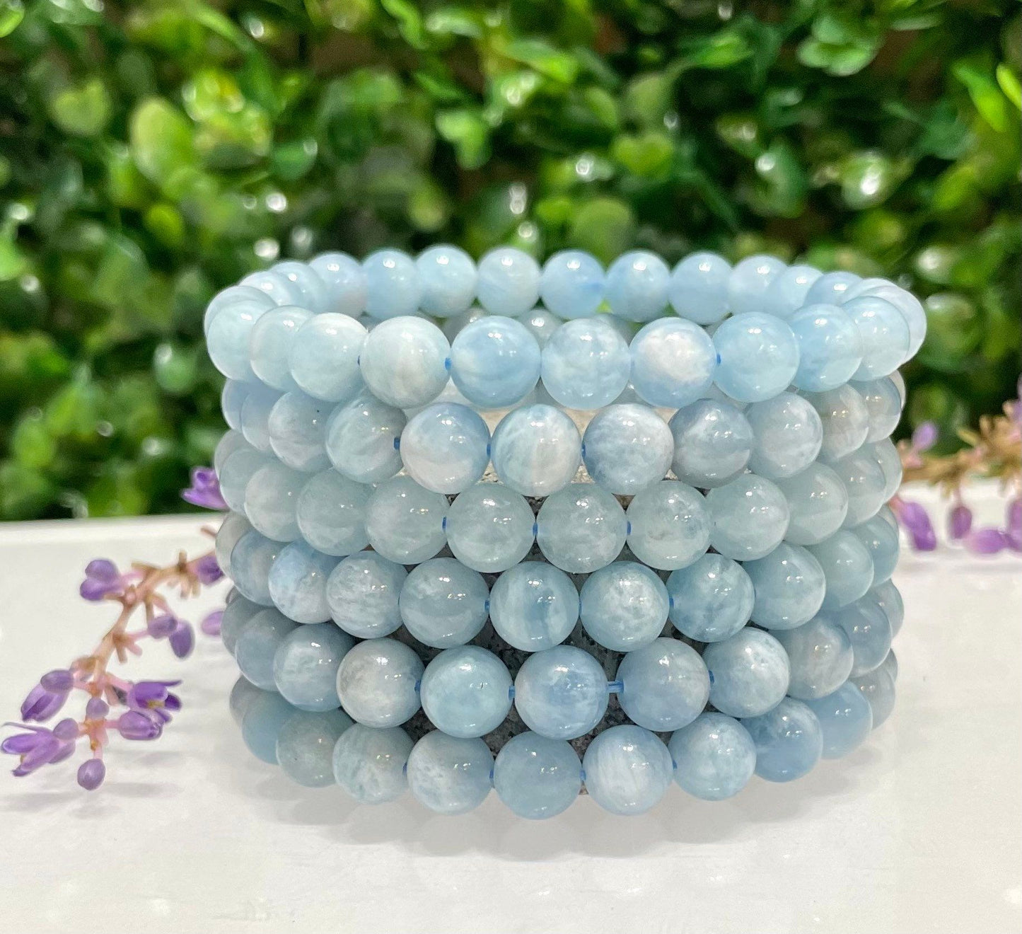 Wholesale 6 Pcs Natural Aquamarine 8mm 7.5” Crystal Healing Stretch Bracelet