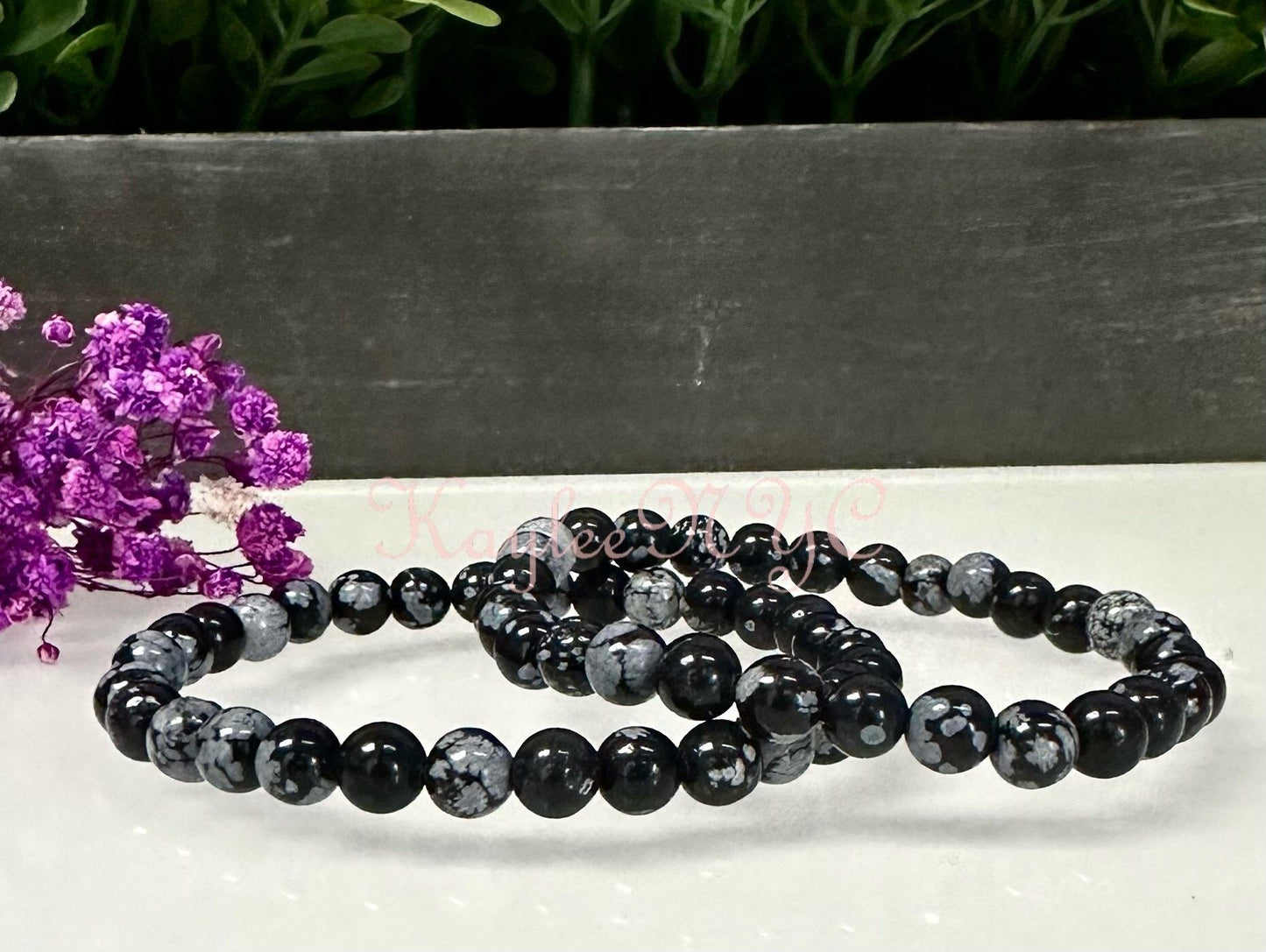 Wholesale 6 Pcs Natural Snowflake Obsidian 6mm 7.5” Crystal Healing Stretch Bracelet