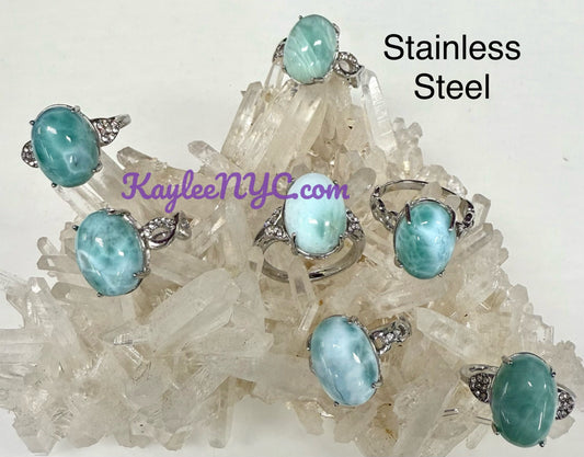 Wholesale Lot 6 pcs Natural Larimar Stainless Steel Ring 10x14mm