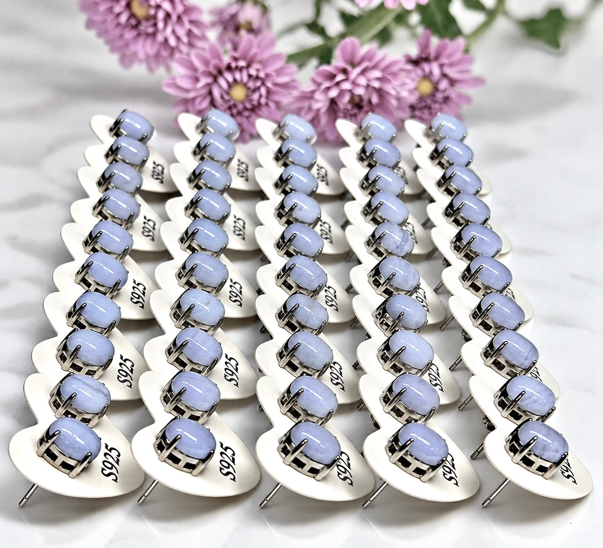 Wholesale Lot 5 Pairs Natural Blue Lace Agate Earring Studs 6x8mm