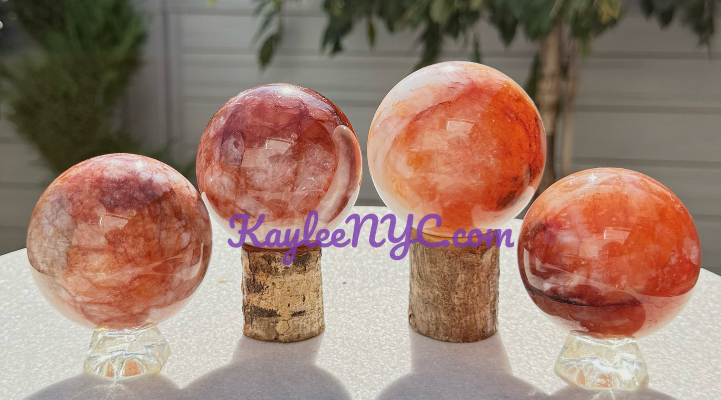 4 PCs Natural Hematoid Fire Quartz Sphere Crystals Healing Energy