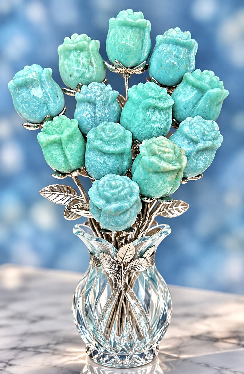 12 PCs Amazonite Rose with Rhodium Metal Stem Natural Crystal Healing Energy