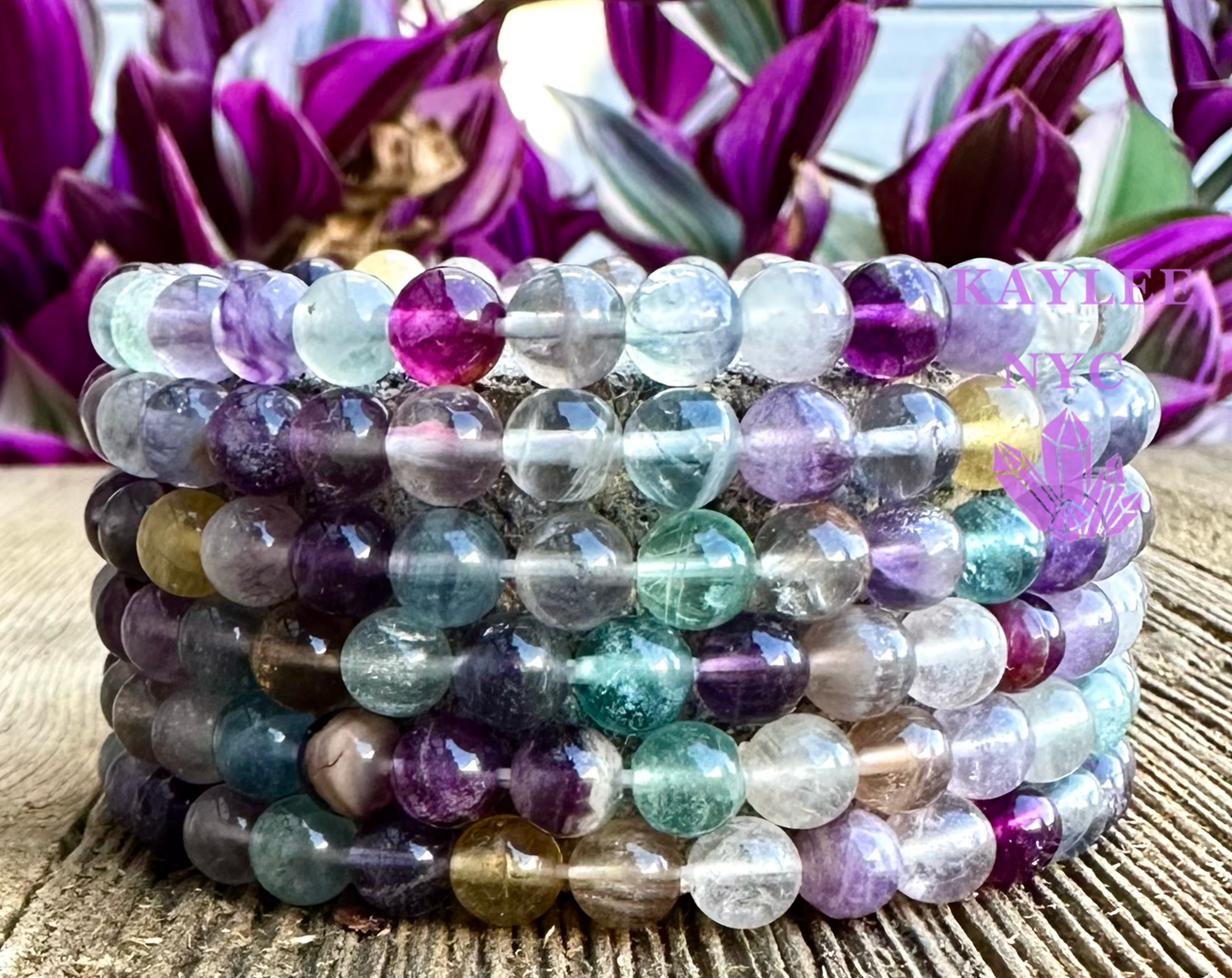 6 PCs 6mm Natural Rainbow Fluorite Stretch Bracelet 7.5”