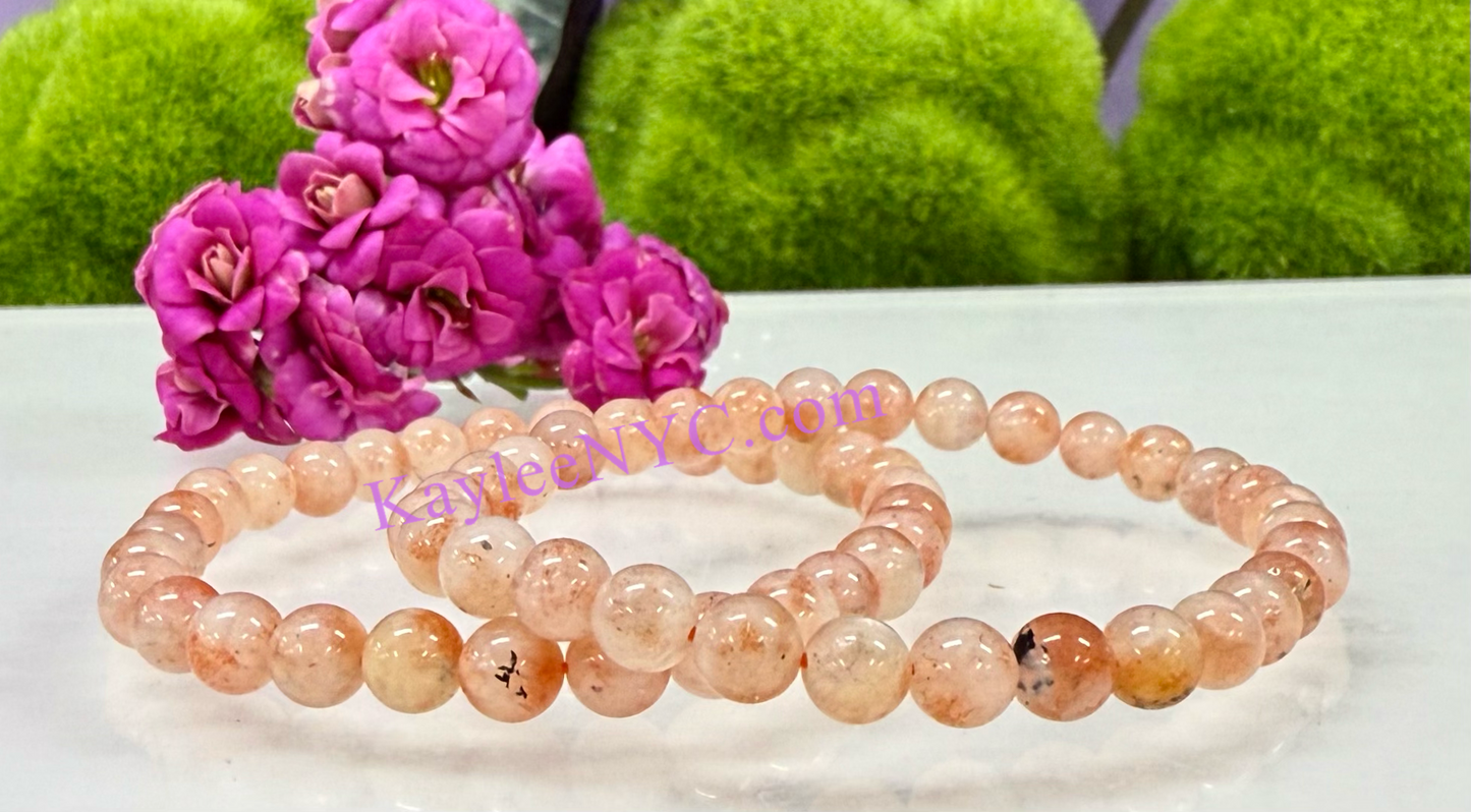 6 PCs 6mm Natural Sunstone Stretch Bracelet 7.5”