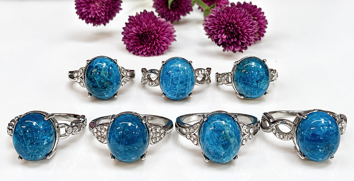 Wholesale Lot 7 pcs Natural Apatite Stainless Steel Ring 10x12mm