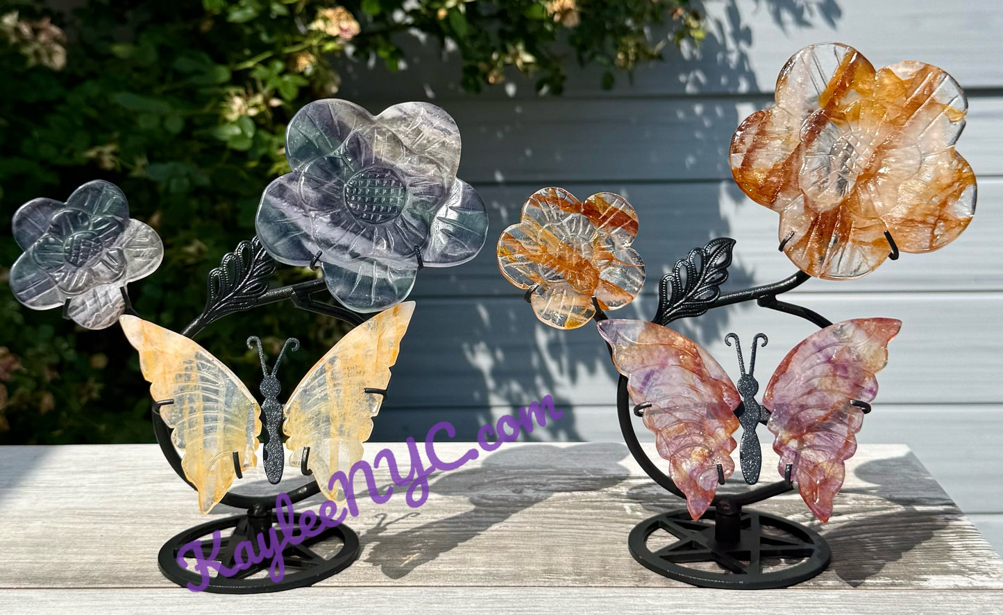 Wholesale Lot 2 PCs Natural Golden Healer Fluorite Butterfly Flowers w/stand