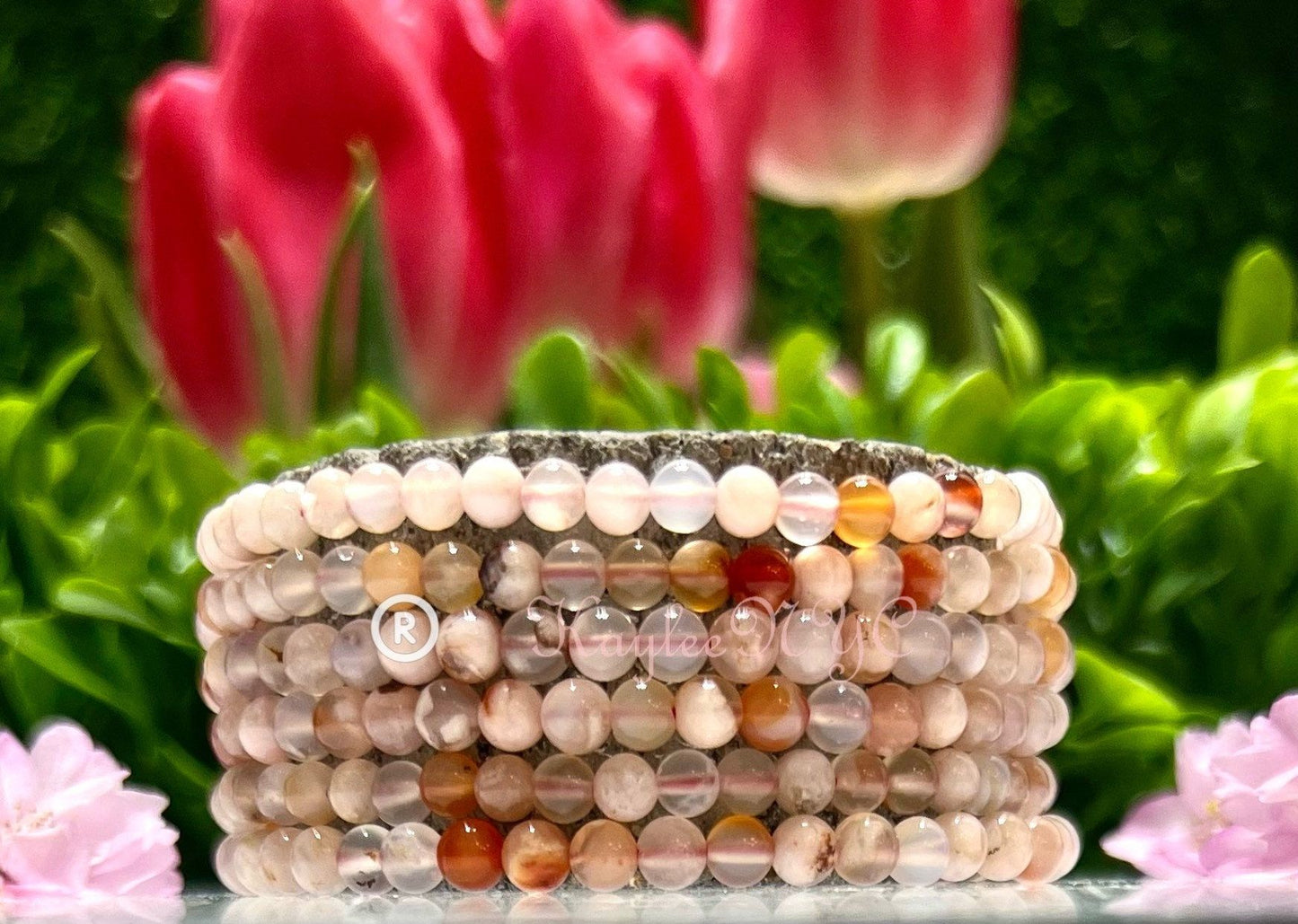 Wholesale Lot 6 Pcs Natural Flower Agate 4mm 7.5” Crystal Healing Stretch Bracelet