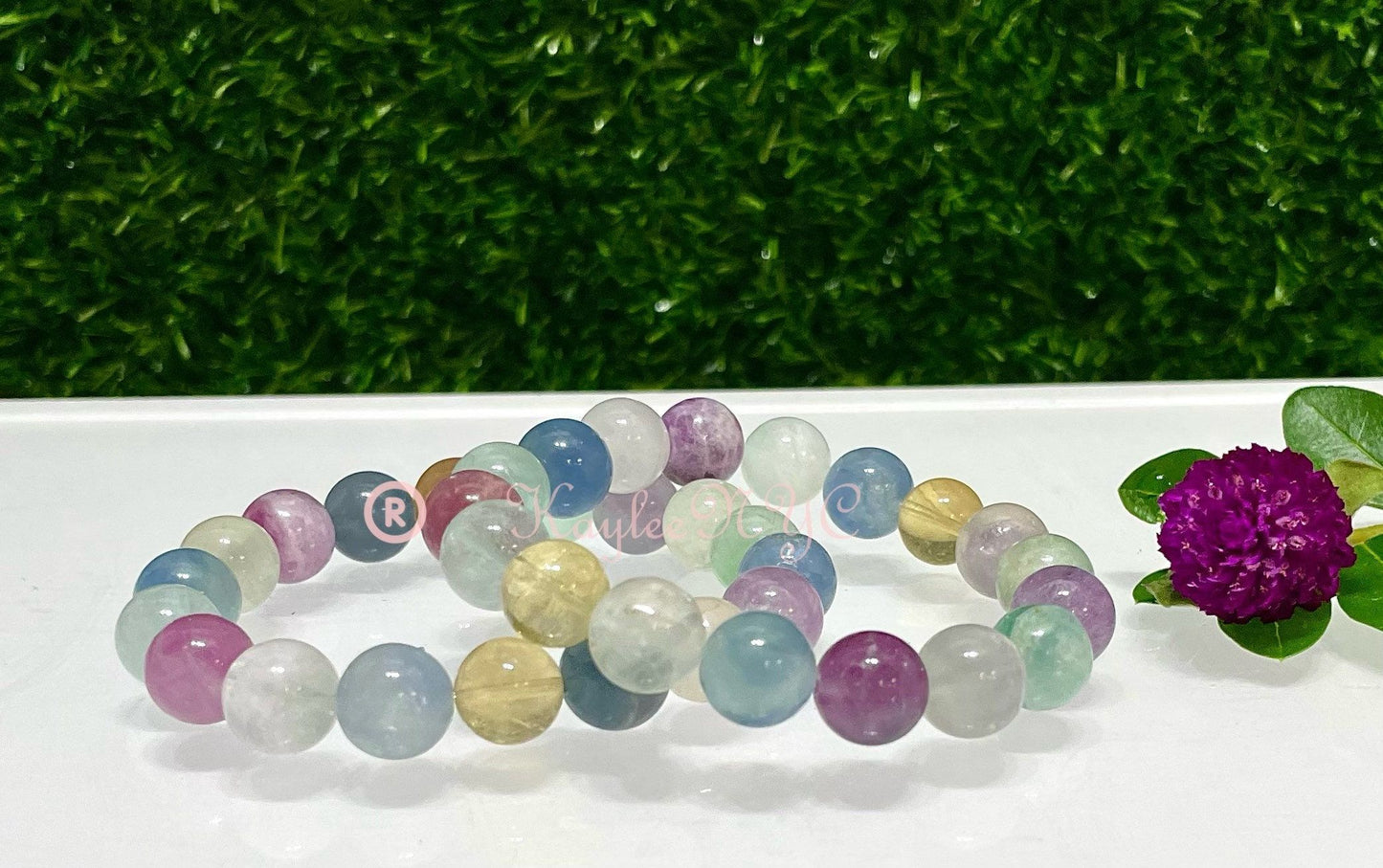 Wholesale 6 Pcs Natural Rainbow Fluorite 10mm 7.5” Crystal Healing Stretch Bracelet