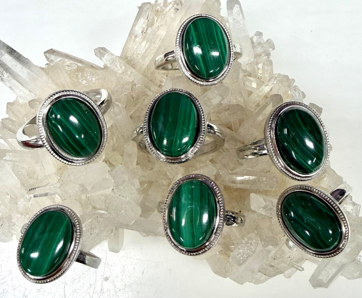 Wholesale Lot 7 pcs Natural Malachite Ring White Bronze