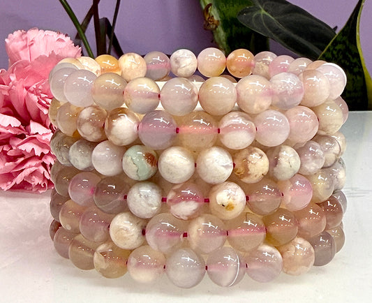 Wholesale 6 Pcs Natural Cherry Blossom Flower Agate 8mm 7.5” Stretch Bracelet Crystal Healing Energy