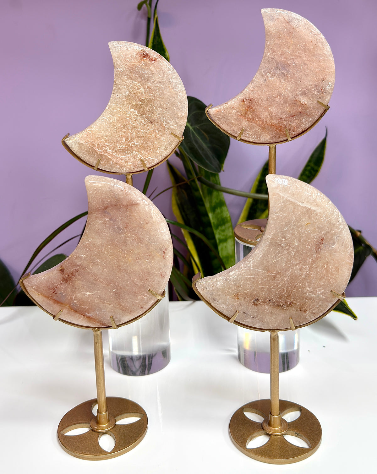 Wholesale Lot 4 PCs Natural Pink Hematoid Fire Quartz Moon with Stand Healing Energy