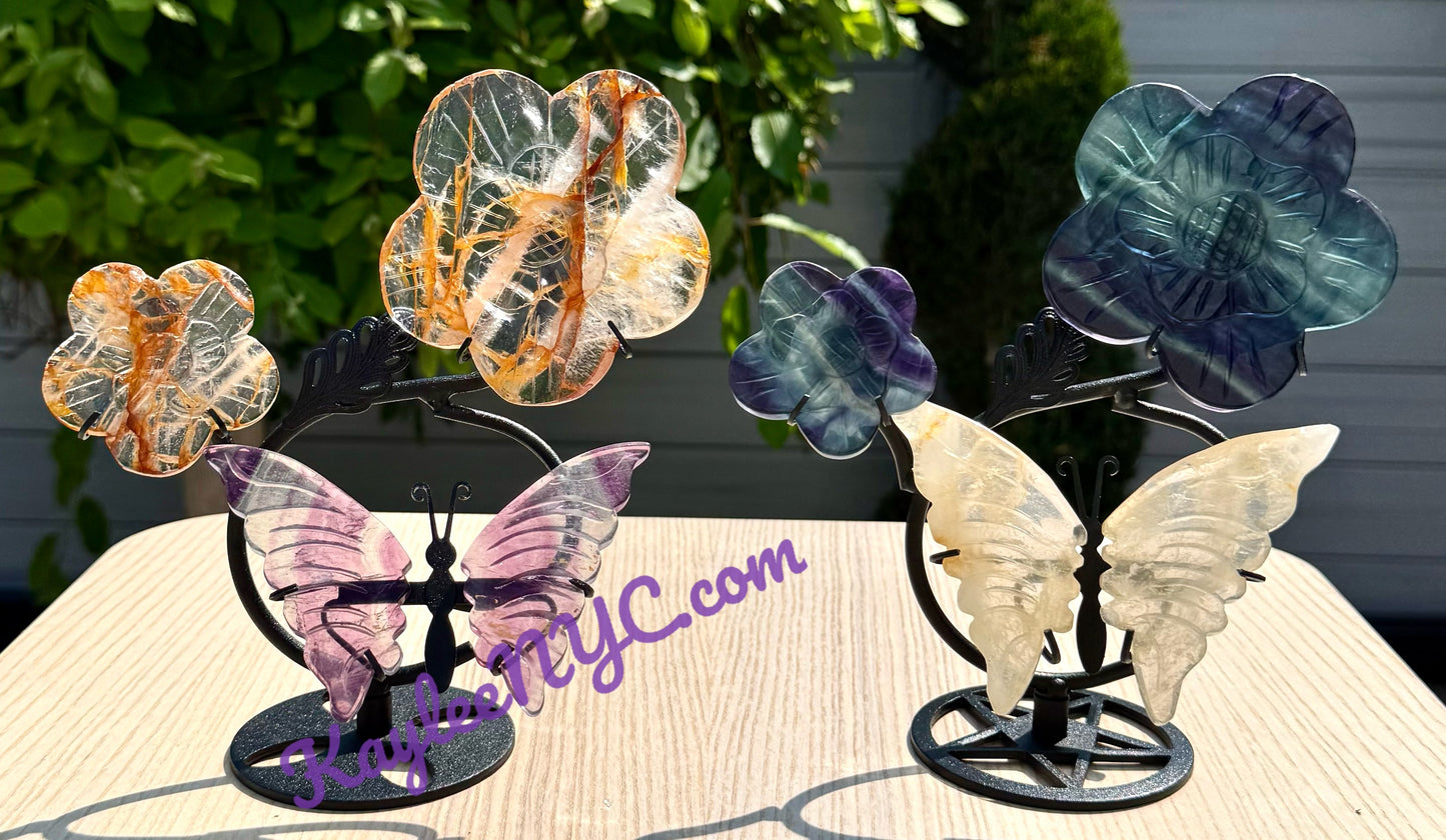Wholesale Lot 2 PCs Natural Golden Healer Fluorite Butterfly Flowers w/stand