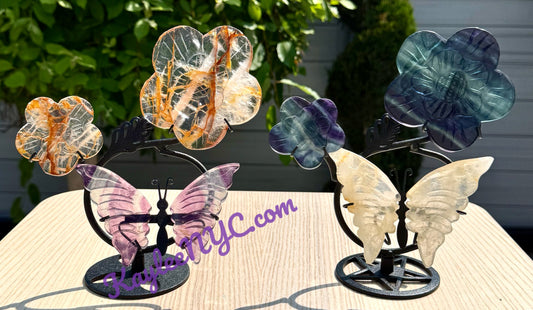 Wholesale Lot 2 PCs Natural Golden Healer Fluorite Butterfly Flowers w/stand