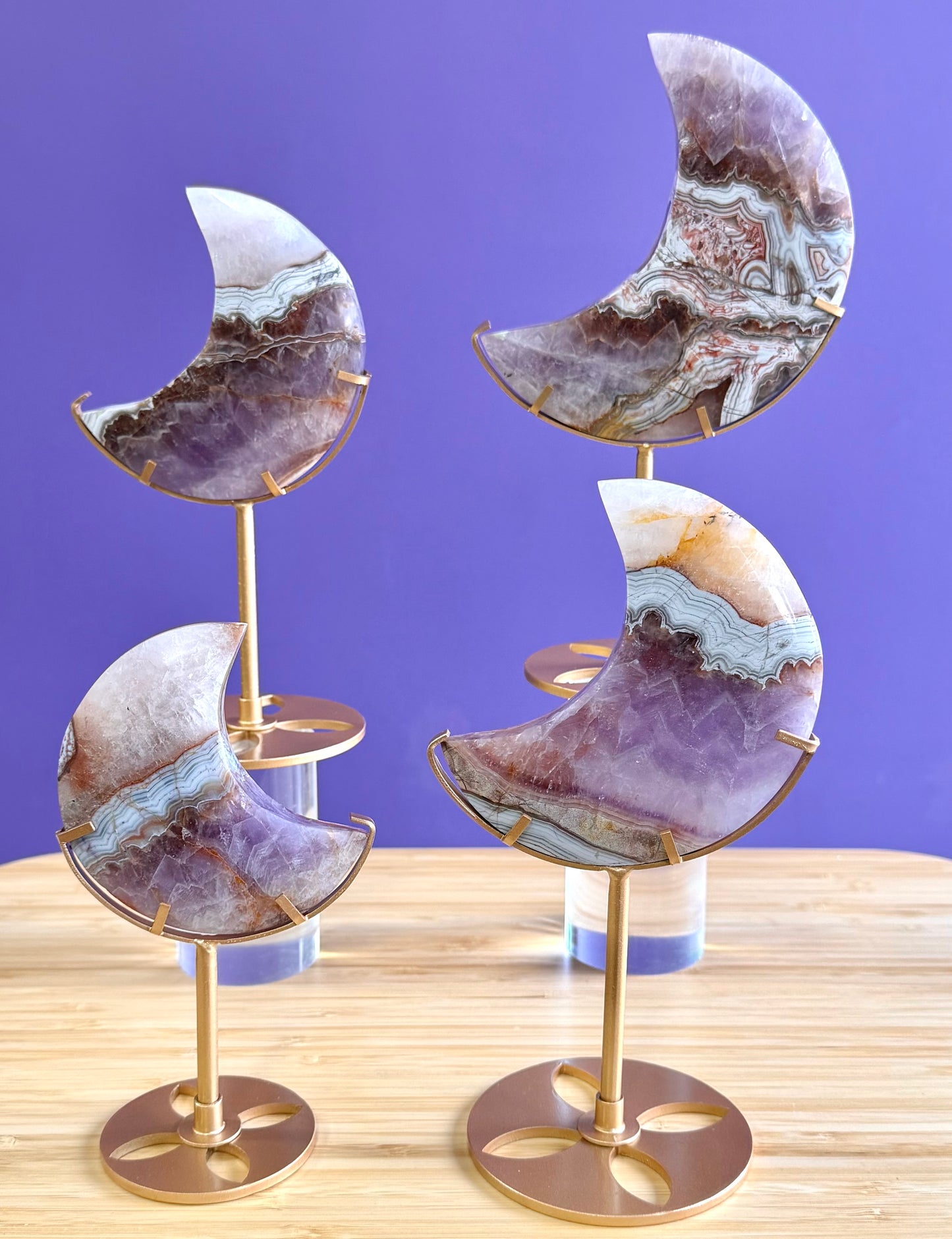 Wholesale Lot 4 PCs Natural Amethyst Lace Agate Moon w/stand Healing Energy
