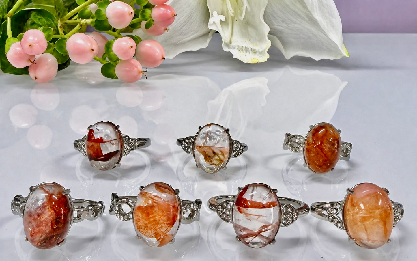 Wholesale Lot 7 pcs Natural Hematoid (Fire Quartz) Stainless Steel Ring 10x14mm