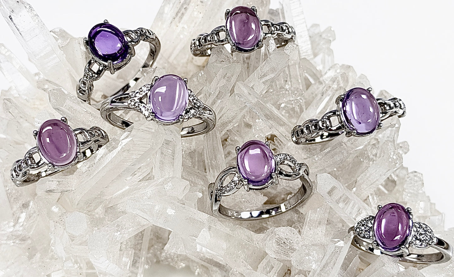 Wholesale Lot 7 pcs Natural Amethyst Stainless Steel Ring 7x9mm Crystal healing Energy
