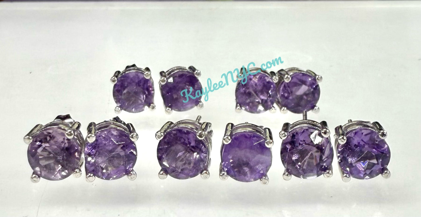 Wholesale Lot 5 Pairs Natural Amethyst Sterling Silver(925) Earring Studs 8mm round