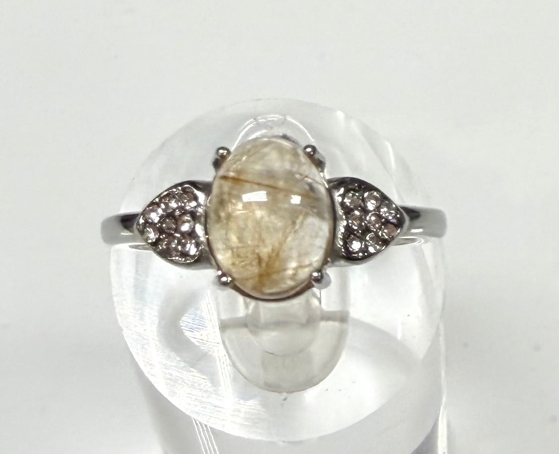 Wholesale Lot 7 pcs Natural Gold Rutilated Quartz Stainless Steel Ring 7x9mm