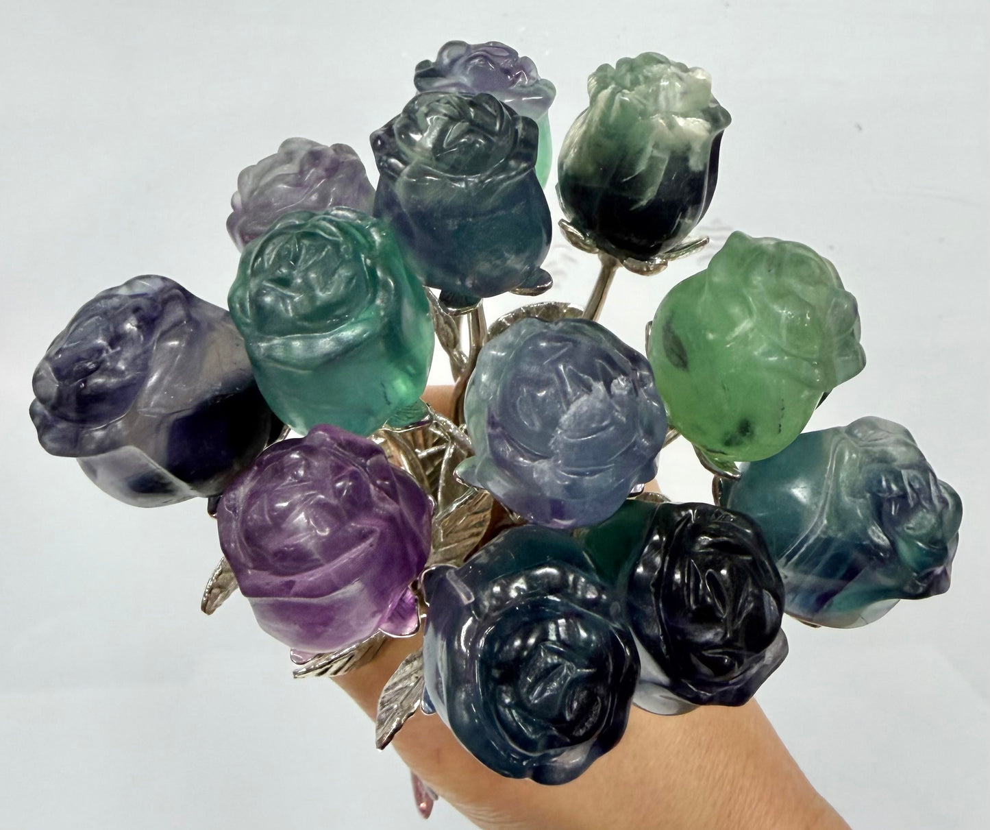 12 PCs Fluorite Rose with Rhodium Metal Stem Natural Crystal Healing Energy