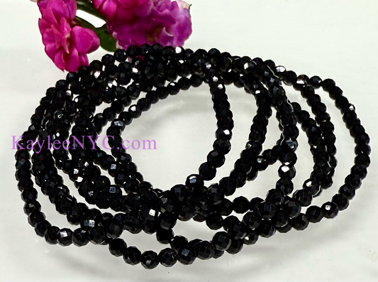 6 PCs 4mm Natural Black Tourmaline Faceted Bracelet 7.5”