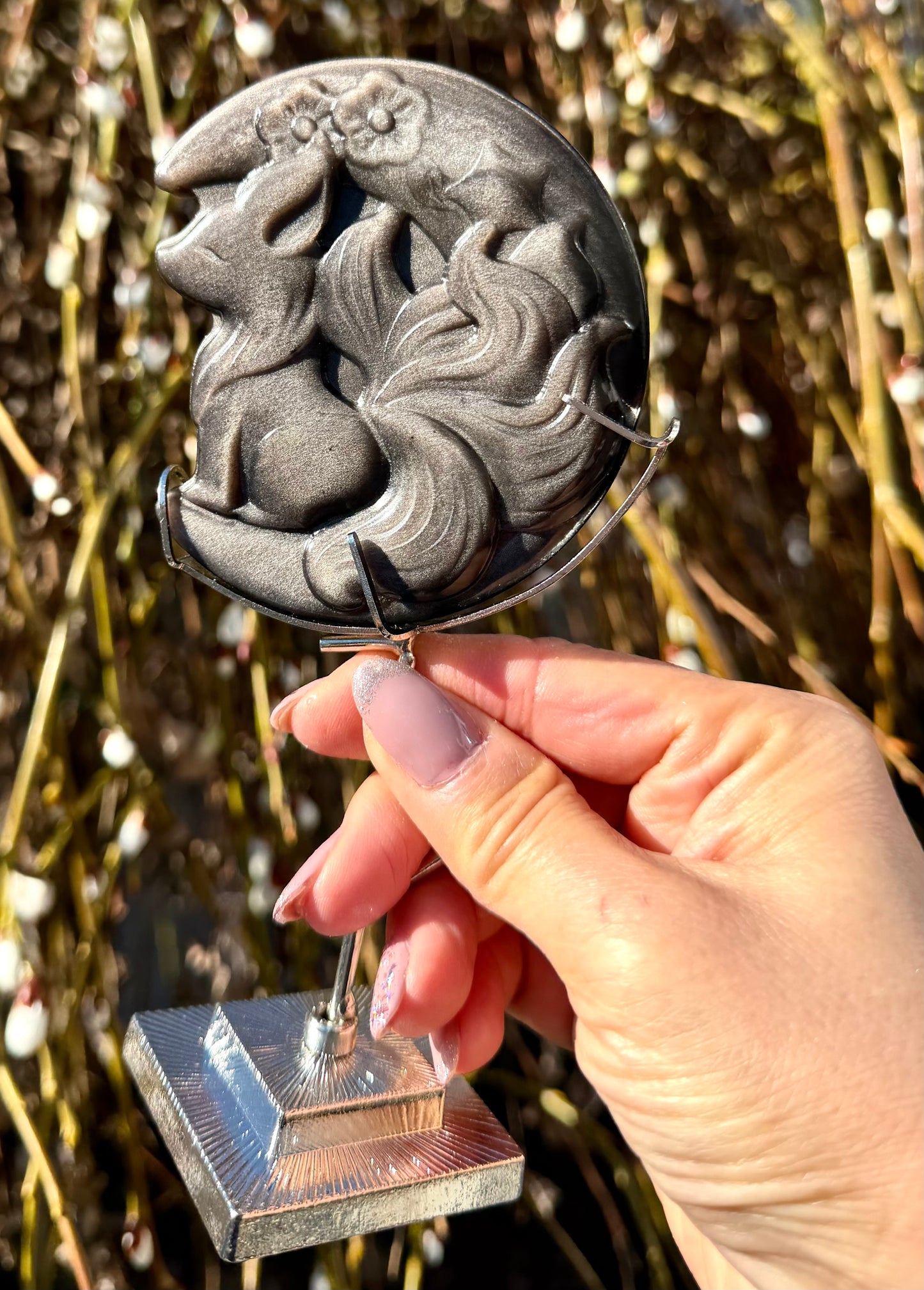 Wholesale Lot 3 PCs Silver Sheen Obsidian Foxes with stand Healing Energy