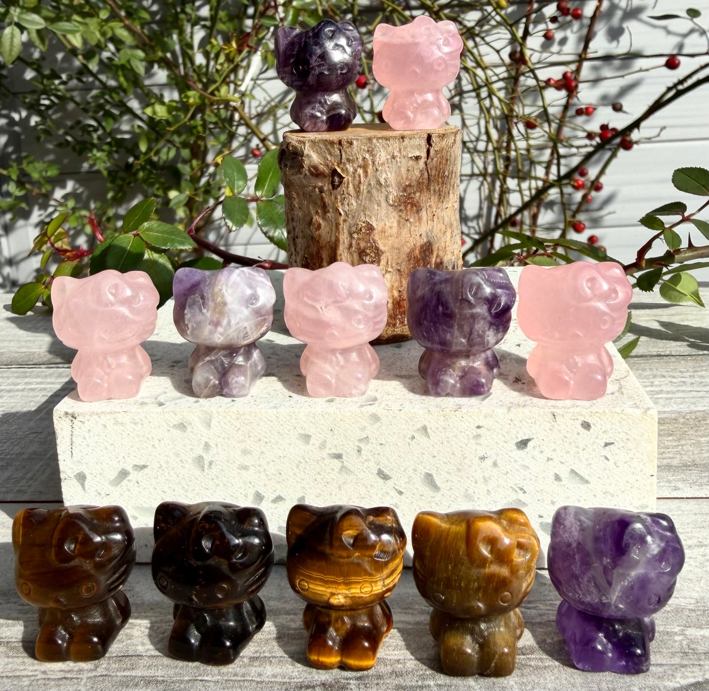 12 pcs Natural Mix Crystal 1” Hello Kitty Cat Healing Energy