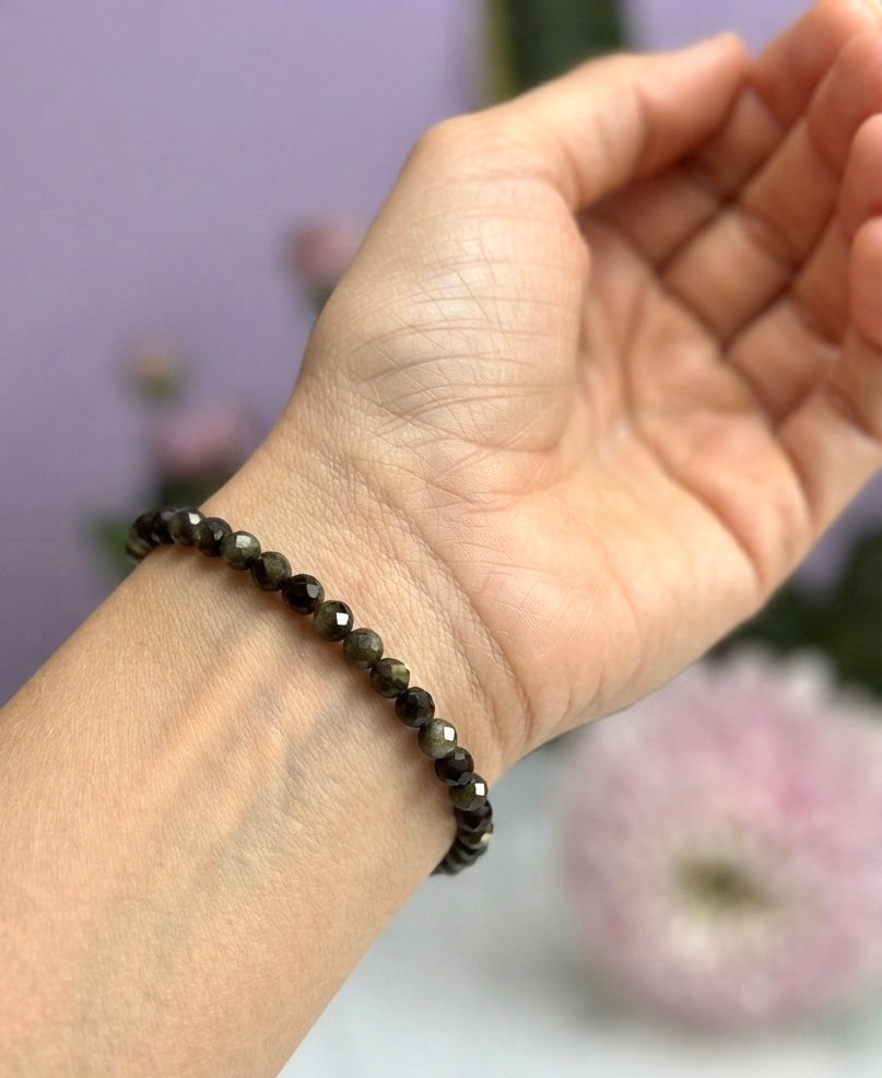 Wholesale Lot 6 Pcs Natural Faceted Gold Sheen Obsidian 4mm 7.5” Crystal Healing Stretch Bracelet