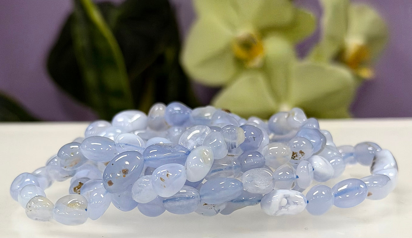 Wholesale 6 Pcs 6mm Blue Chalcedony Natural Crystal tumble Stretch Bracelet 7.5”