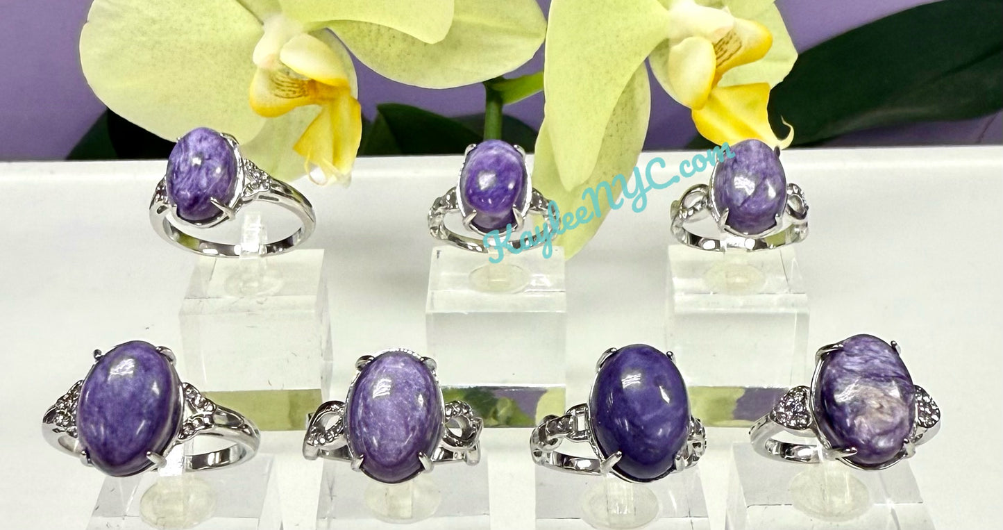 Wholesale Lot 6 pcs Natural Charoite Stainless Steel Ring 10x14mm