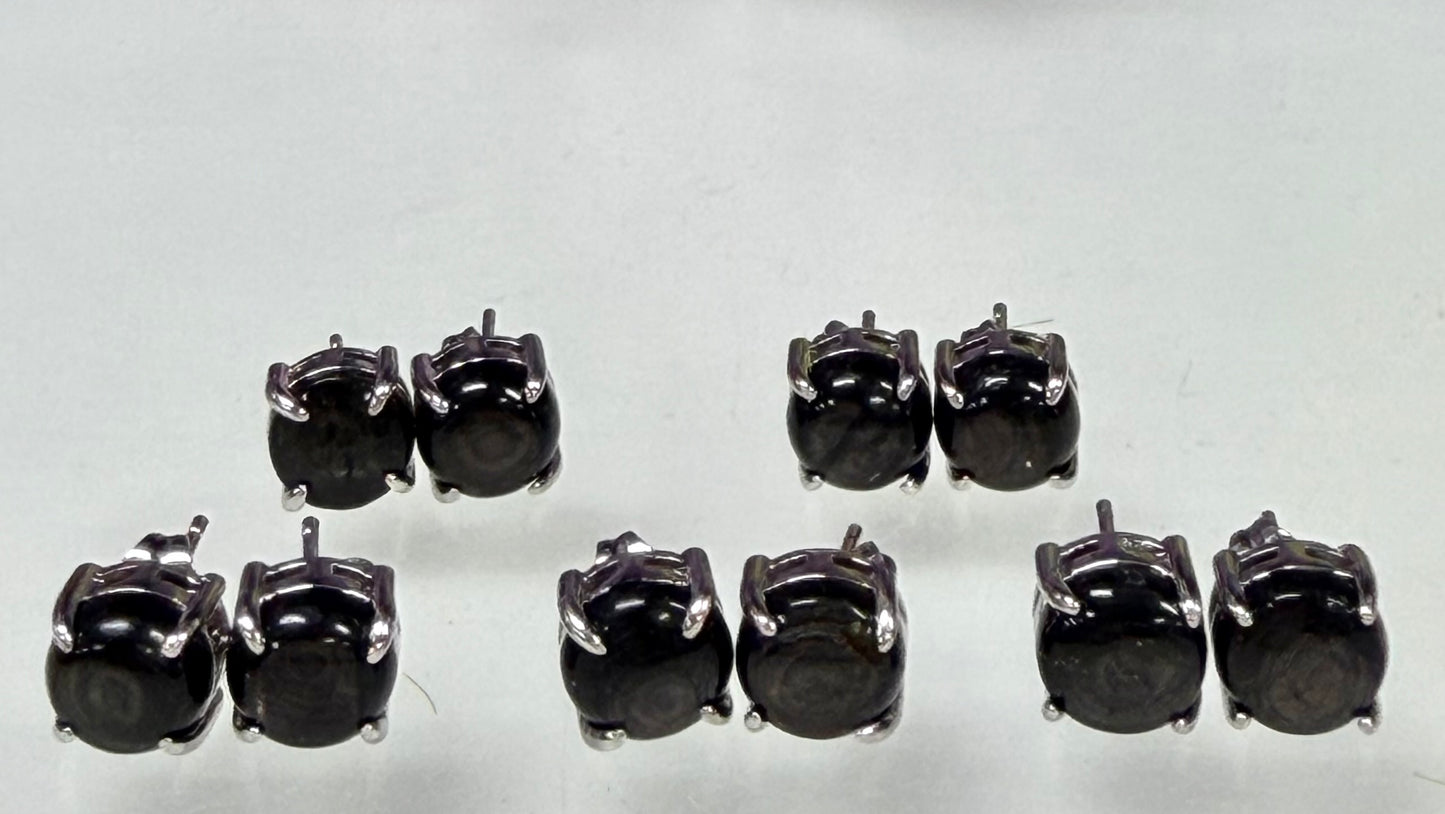 Wholesale Lot 5 Pairs Natural Hypersthene Sterling Silver(925) Earring Studs 8mm
