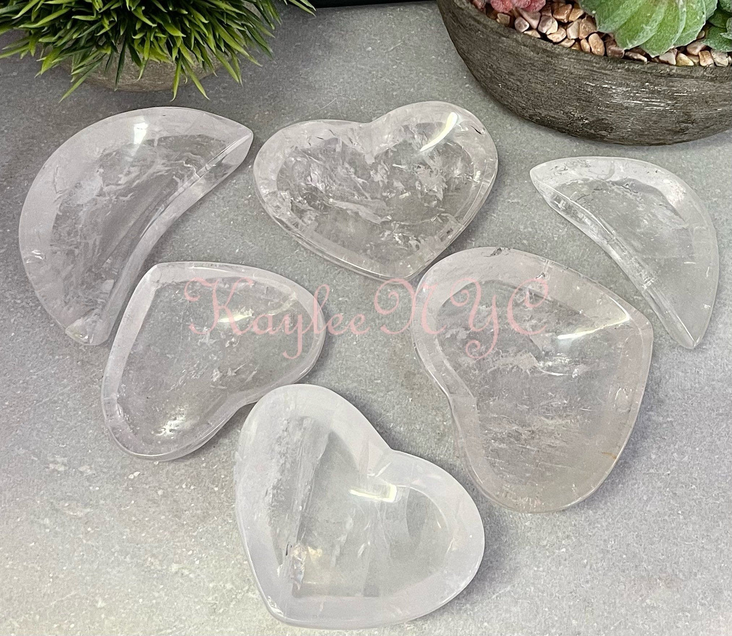 Wholesale Lot 6 pcs Natural Clear Quartz Hearts & Moon Bowls Crystal Healing Energy