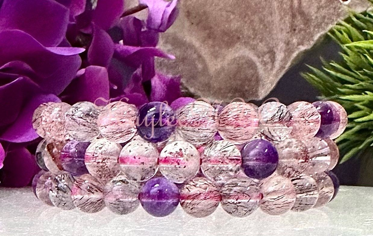 Wholesale 3 Pcs Natural Super 7 Melody Rutilated 8mm 7.5” Crystal Healing Stretch Bracelet