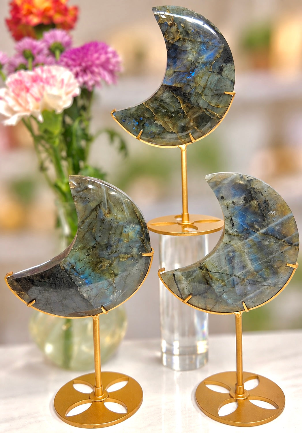 Wholesale Lot 3 pcs Natural Labradorite Moon with Stand Crystal