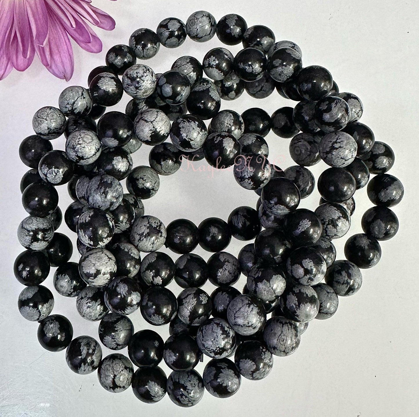 Wholesale Lot 6 Pcs Snowflake Obsidian 8mm 7.5” Crystal Healing Stretch Bracelet