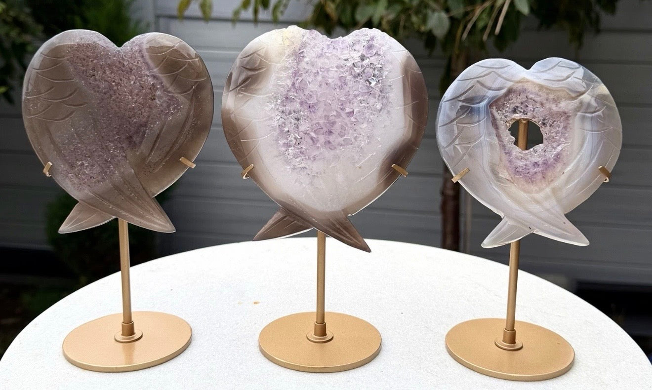 Wholesale Lot 3 Pcs Amethyst Agate Wing Heart Natural Crystal With stand Healing