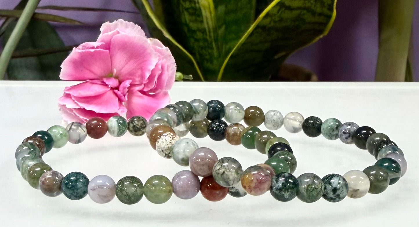 Wholesale 6 Pcs Natural Indian Moss Agate 6mm 7.5” Crystal Healing Stretch Bracelet