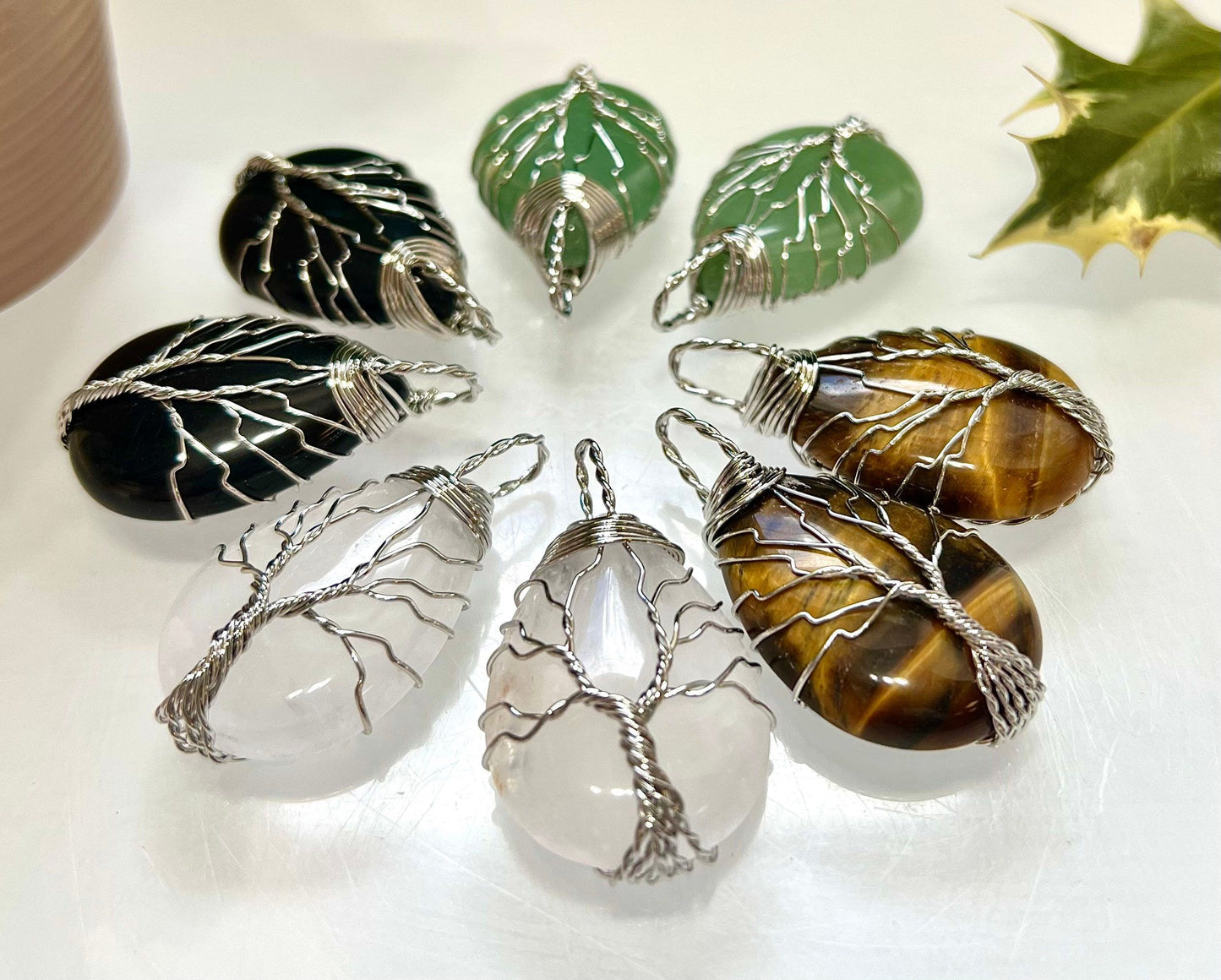 Wholesale Lot 8 Pcs Tree Of Life Hand Wrapped Pendant Natural Crystal