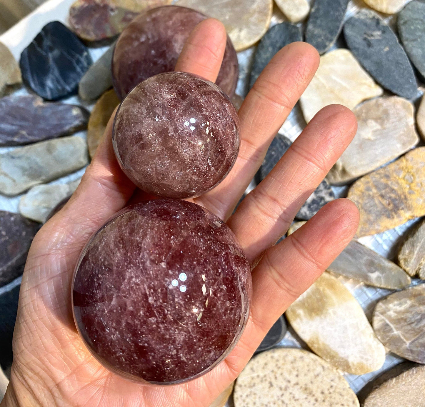 Wholesale Lot3 to 4 Pcs Natural Strawberry Quartz Spheres Crystal Ball 1.9-2 Lb