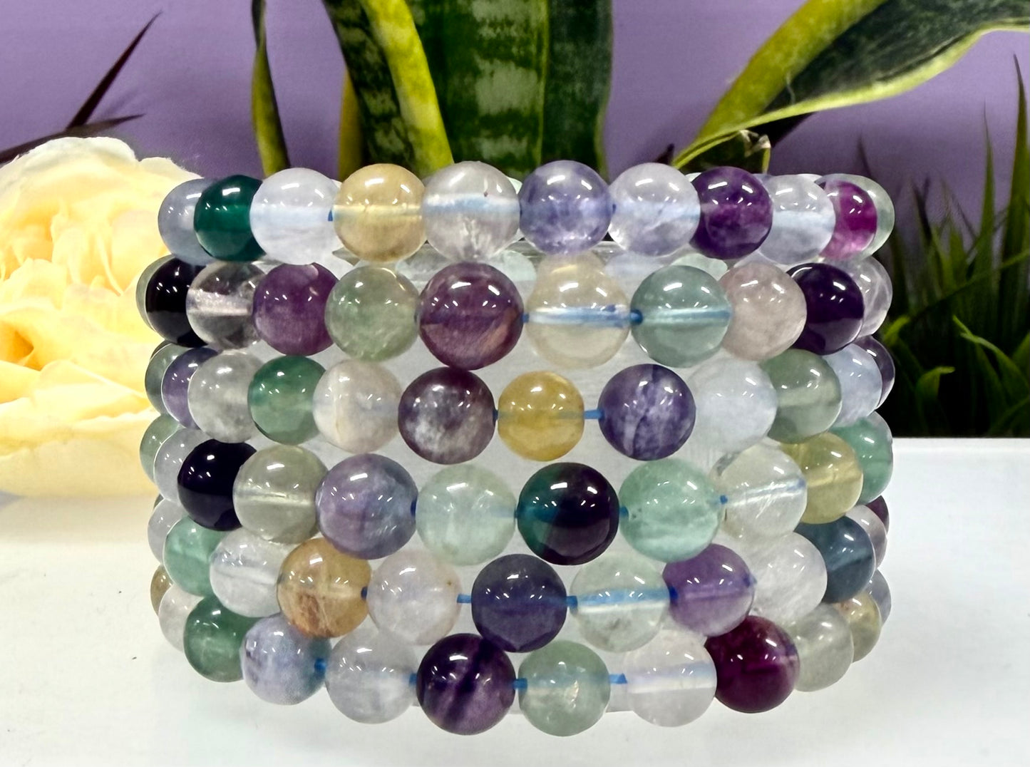 Wholesale 6 Pcs Natural Rainbow Fluorite 8mm 7.5” Crystal Healing Stretch Bracelet