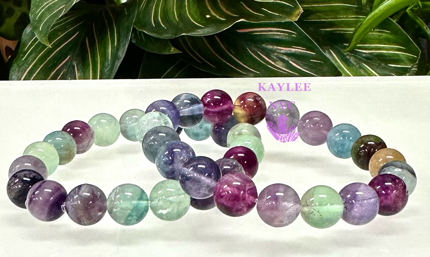 6 PCs 10mm Natural Rainbow Fluorite Stretch Bracelet 7.5”